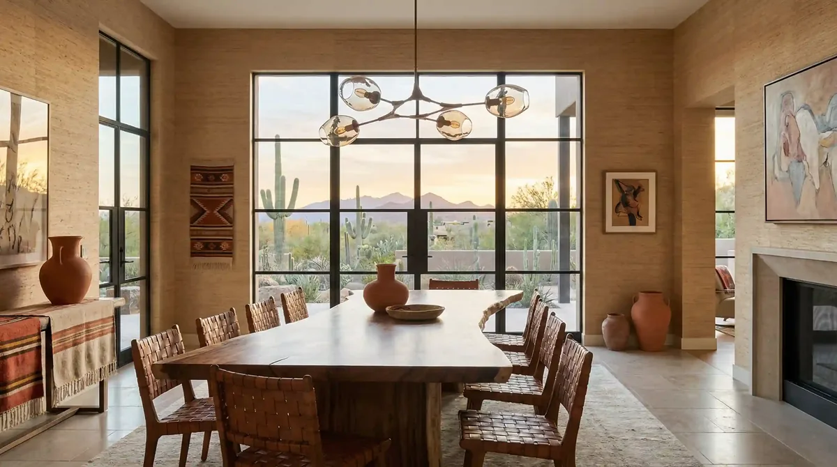A warm-toned dining room with a long wooden table, woven chairs and large windows